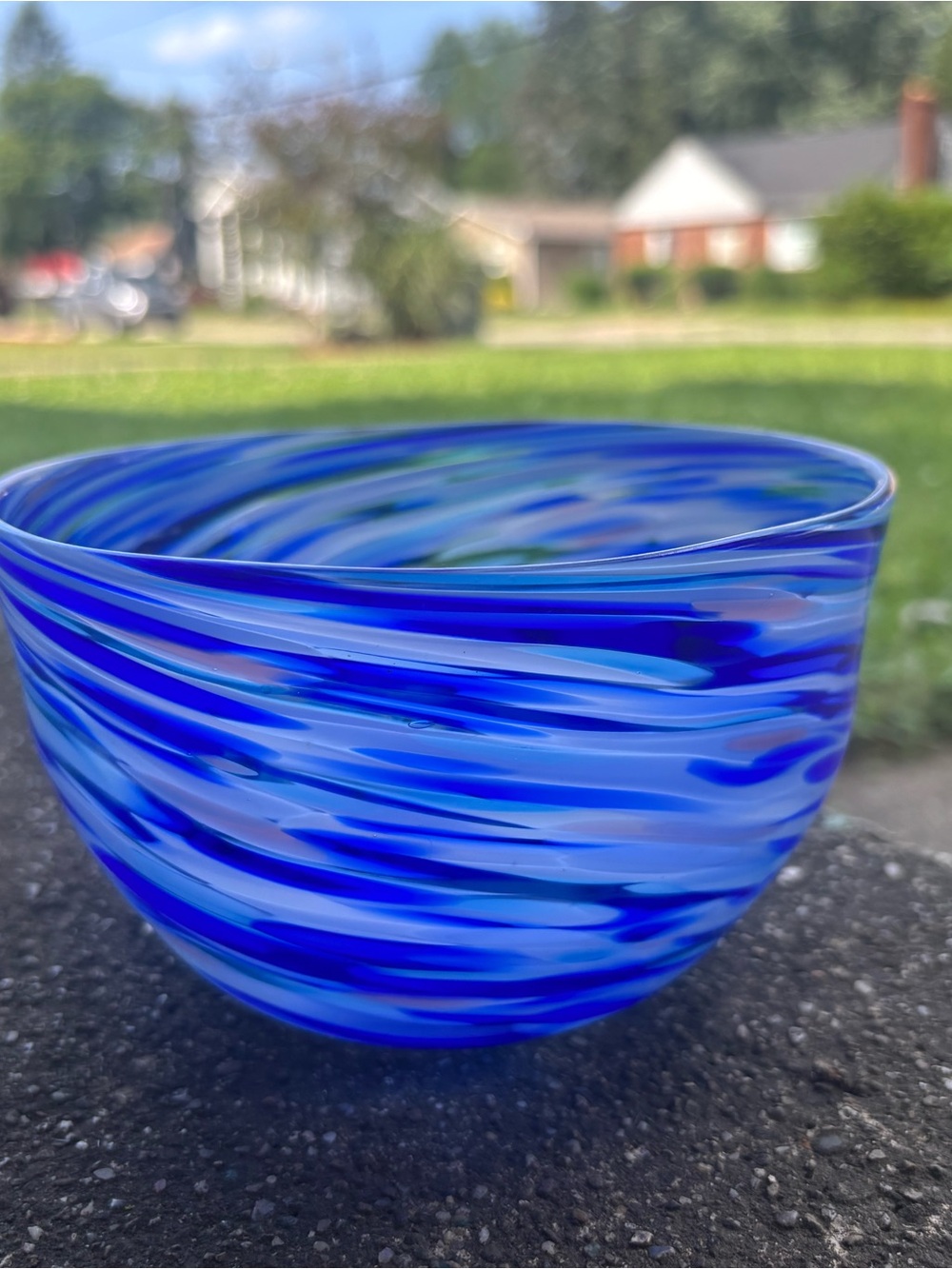 Handblown Blue Swirl Glass Bowl - Home Art